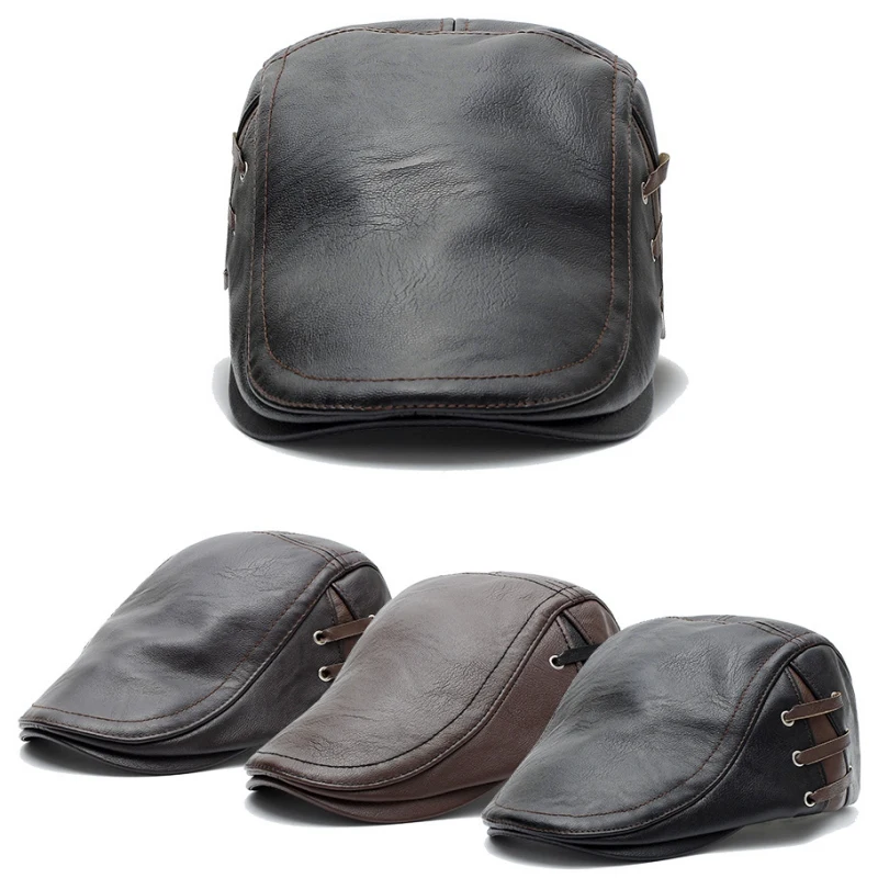 Осень зима ПУ кожа гольф берет винтажная теплая Плоская верхняя мужская