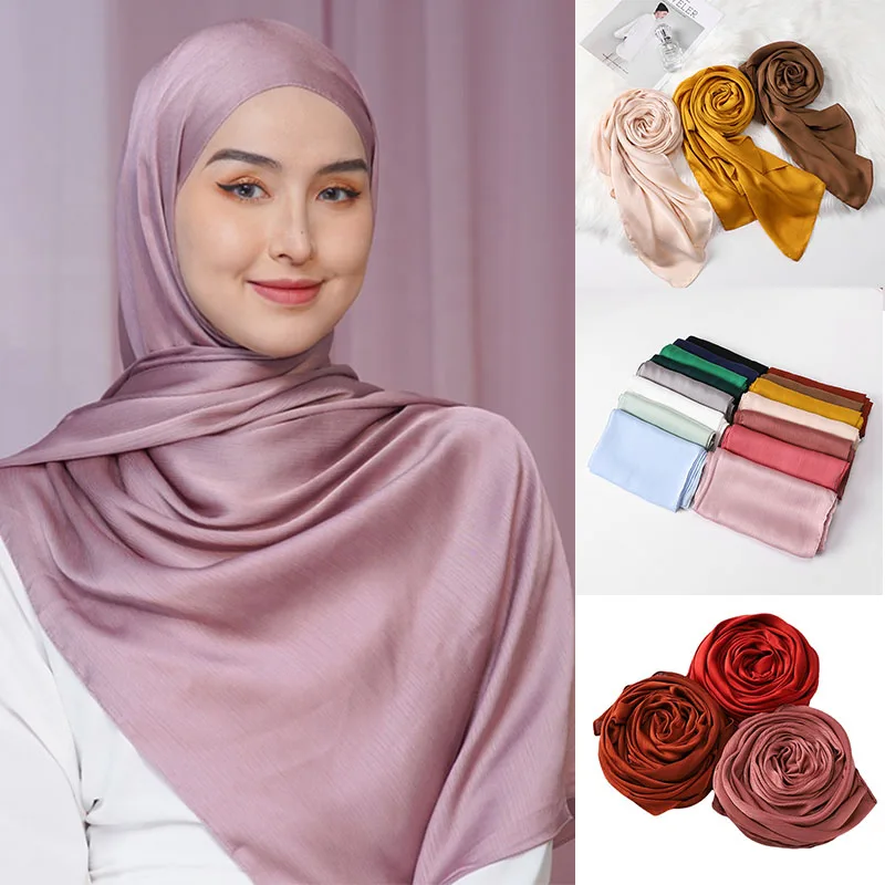 

2021 Women Headscarf Muslim Head Scarf Shawls Pure Color Satin Hijab Scarf Headband Women Hijabs Scarves Women's Hat