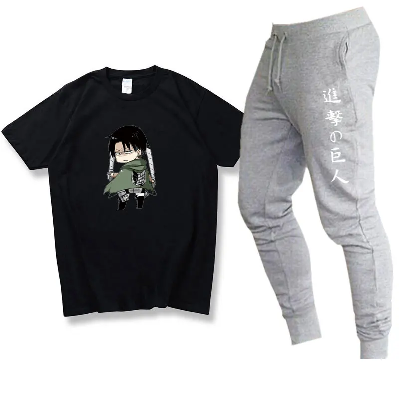 

Летние комплекты, Хлопковая мужская футболка из аниме «атака на Титанов», спортивные мужские комплекты, брюки, костюм, комплекты, повседнев...