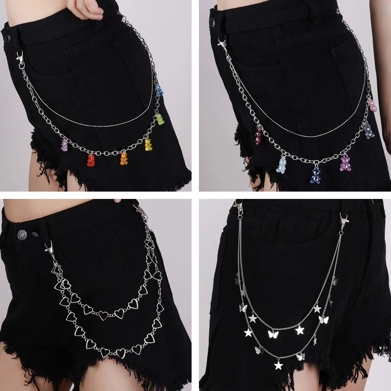 

Trendy Multilayer Flame Stars Butterfly Hearts Belt Waist Chain for Women Punk Hip-Hop 2 Color Trousers Keychain Hook Jewelry