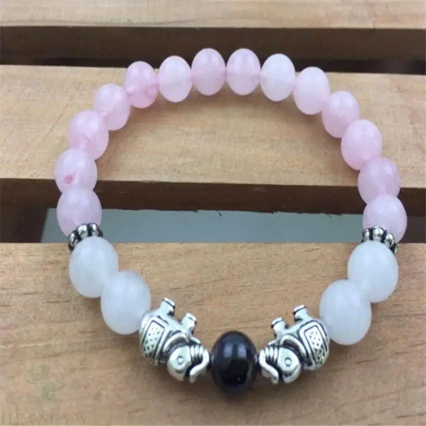 

8MM Pink Crystal White jade Gemstone Mala Bracelet 7.5 inches Handmade Pray Yoga Reiki Unisex Buddhism Healing Stretchy