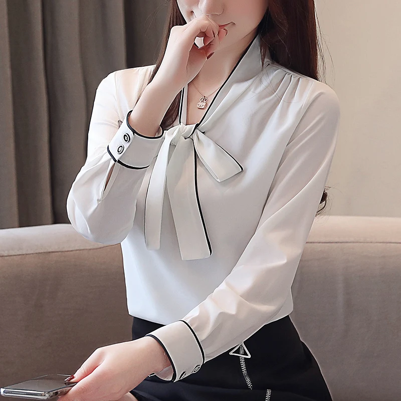 Женская шифоновая рубашка с длинным рукавом белая Осенняя блузка бантом офисные