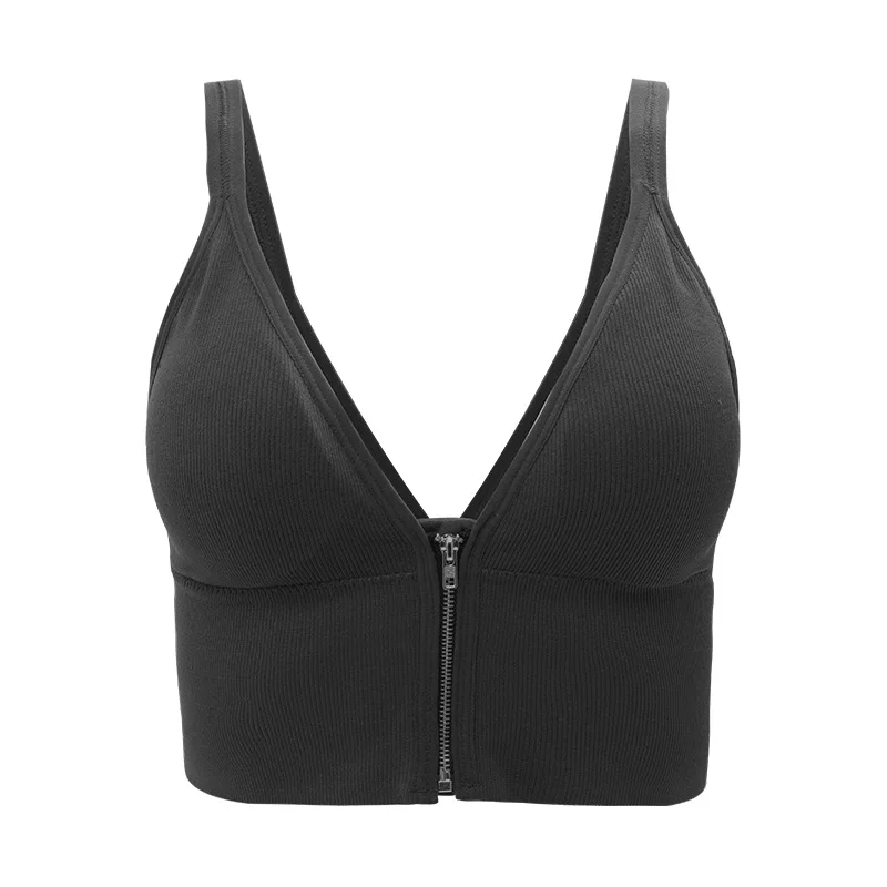 

Sexy V-Neck Crop Tops Women Fashion Front Zipper Lingerie Vest Wirefree Padded Vest Underwear Girls Beauty Back Sports Tank Top