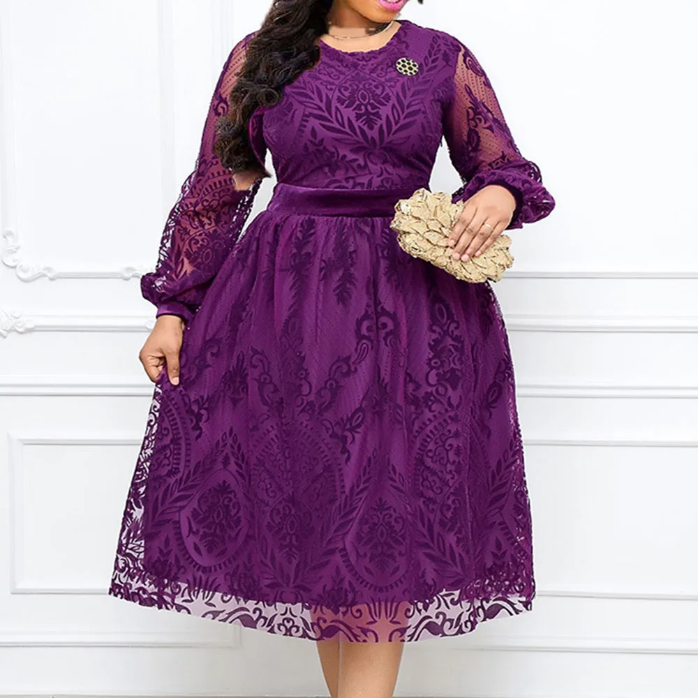 

African Temperament Women's Dress Summer 2021 New Fashion Perspective Sexy Solid Color High Waist Round Neck Long Sleeve