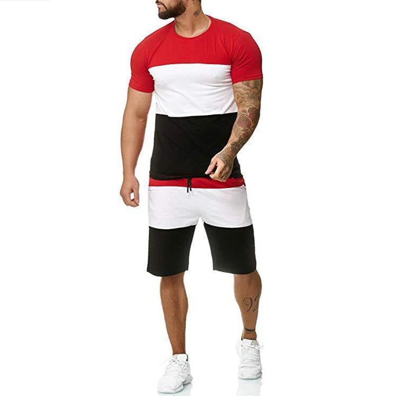 

21Men's Short Sleeve Stitching Suit Outdoor Running Sports Casual Suit Wearing Contrasting Color Personalized Round Neck T-Shirt