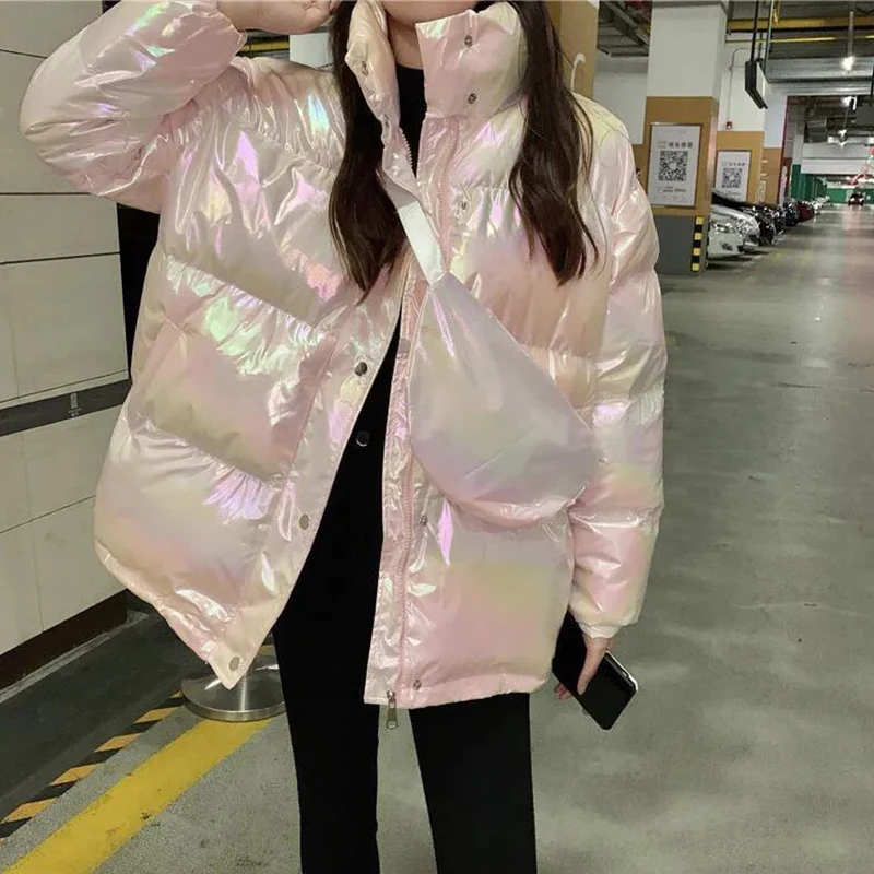 

Lucyever 2021 New Winter Jacket Women Fashion Glossy Stand Collar Warm Parkas Colorful Bright Fabric with Bag Jackets Female