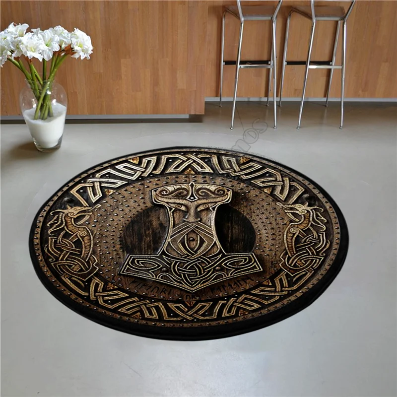 

Viking Tattoo Hammer Carpet Anti-Skid Round shape Floor Mat 3D Rug Non-slip Mat Dining Living Room Soft Bedroom Carpet 01
