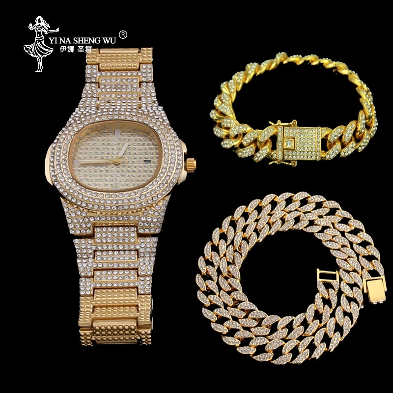 Gold Color Necklace +Watch+Bracelet Hip Hop Miami Curb Cuban Chain Iced Out Paved Rhinestones CZ Bling Rapper For Men Jewelry