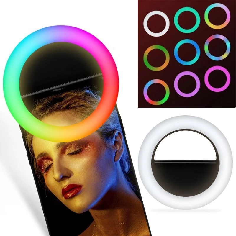 

USB charging RGB LED Ring Mobile Phone Selfie Ring Flash Lens 3-level Brightness Fill Light Lamp Clip-on For Smartphone