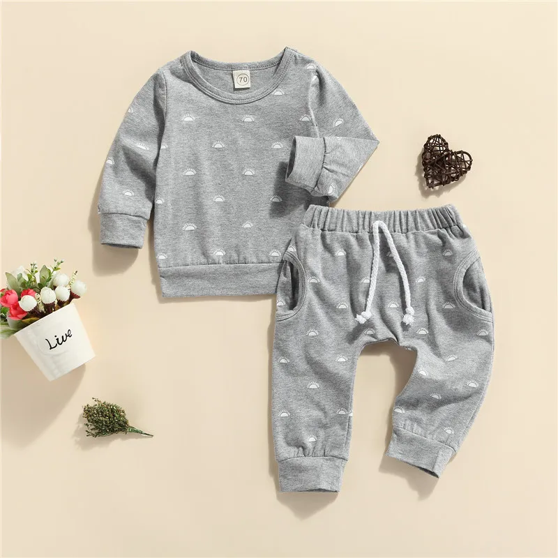Spring Autumn Baby Boys Girls Clothes Sets 2pcs Sun Print Long Sleeve Pullover Sweatshirts Tops+Elastic Pants Tracksuits | Детская