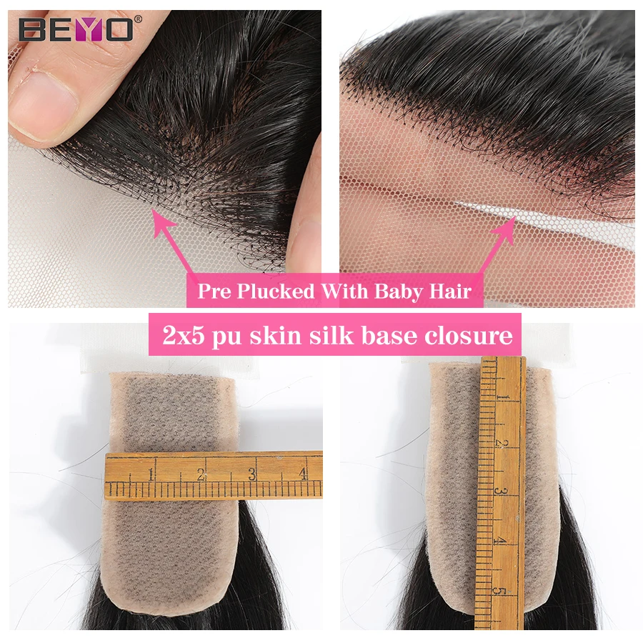Прямые волосы пряди с ПУ кожи Шёлковые подкладки бразильские 2x5 закрытие Remy