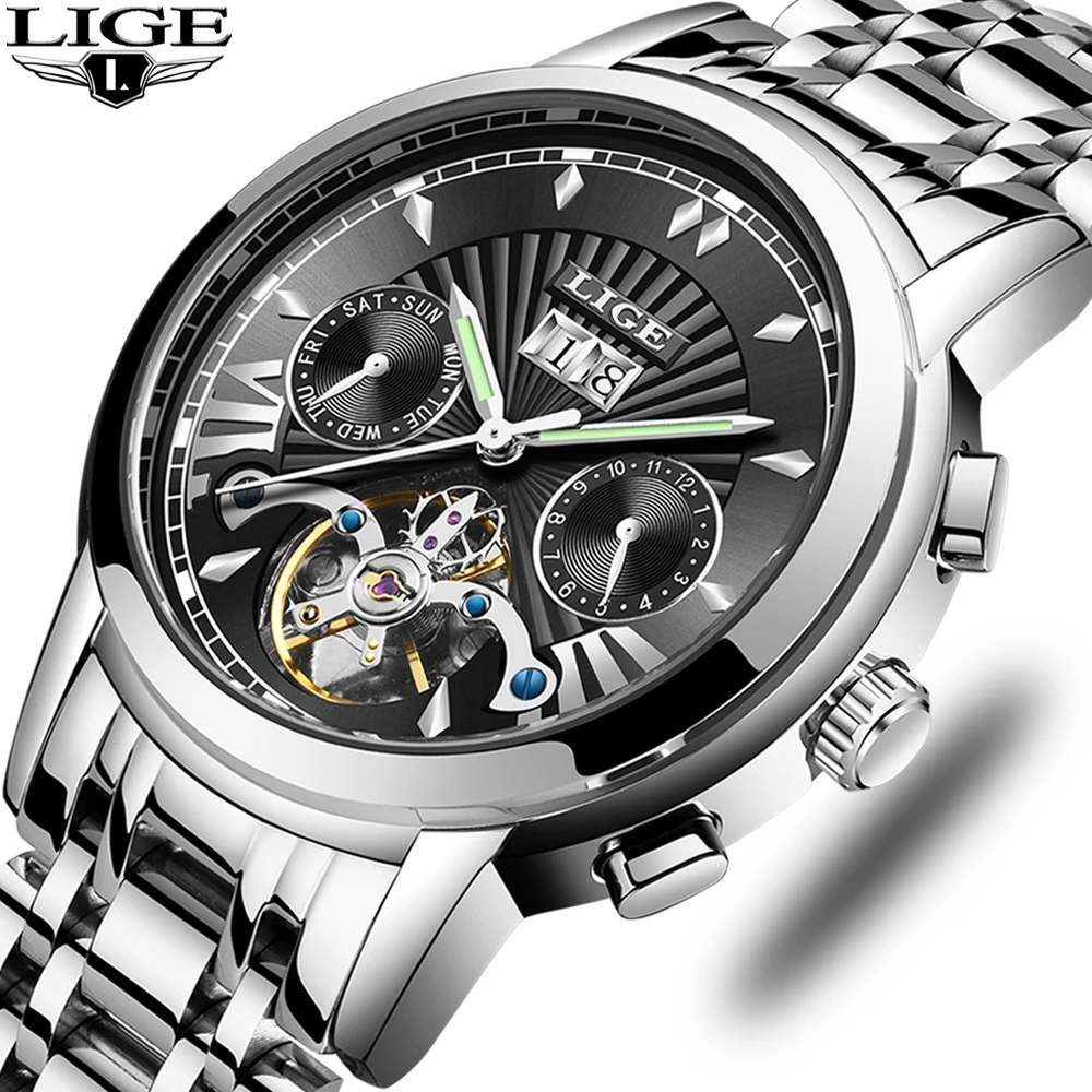 LIGE серебристо серые Роскошные автоматические механические турбийоны мужские