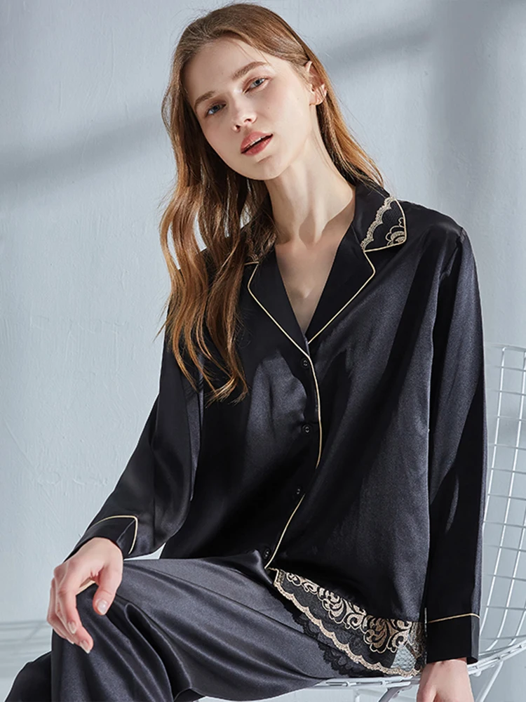 100%Nature Silk Pajamas Set for Women Sleepwear Black Satin Silk Pijamas Luxury Nightwear PJs Sexy Pink Pyjama Femme Homeclothes