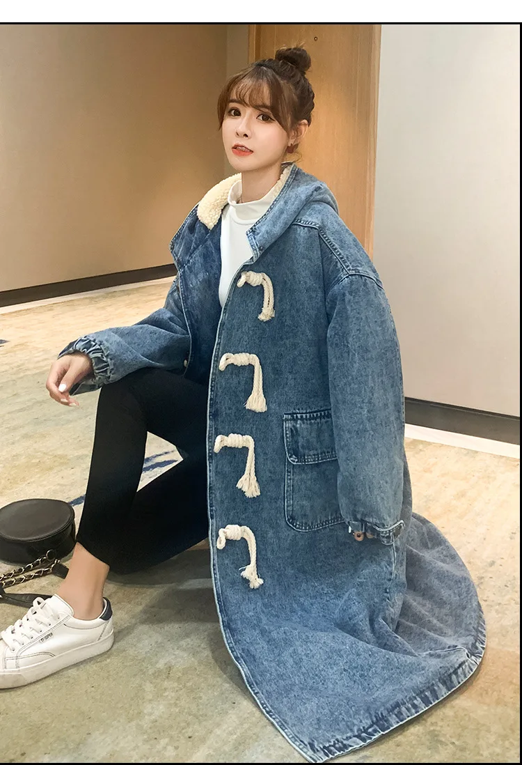 

2021 NEW HIGH QUALITY TOP LAMB HAIR HORN BUTTON DENIM COTTON WINTER OVERSIZE LOOSE BT MID-LENGTH COAT PLUS VELVET THICK COAT