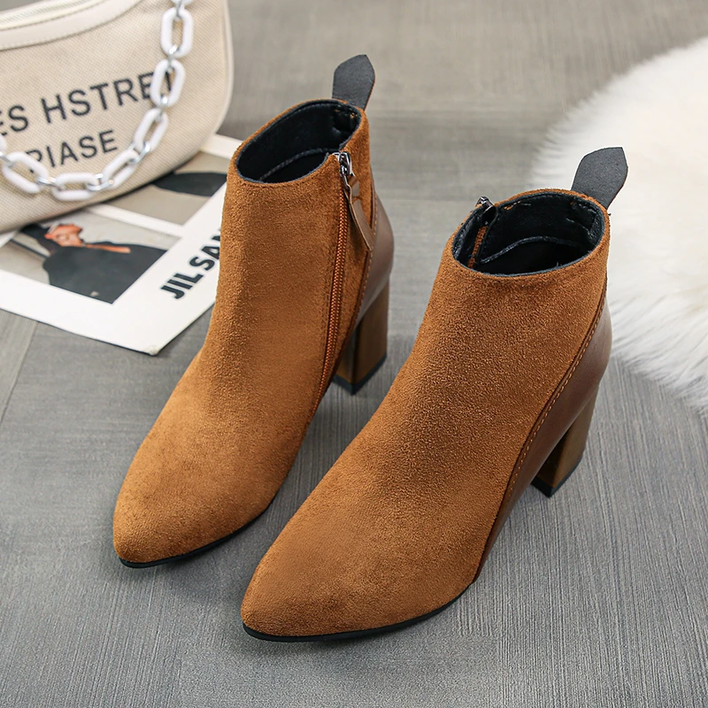 

Women Plus Size 42 43 44 Ankle Boots Autumn and Winter Thick Heel Pointed Suede Short Boot Female Fashion Non-slip Casual Shoes