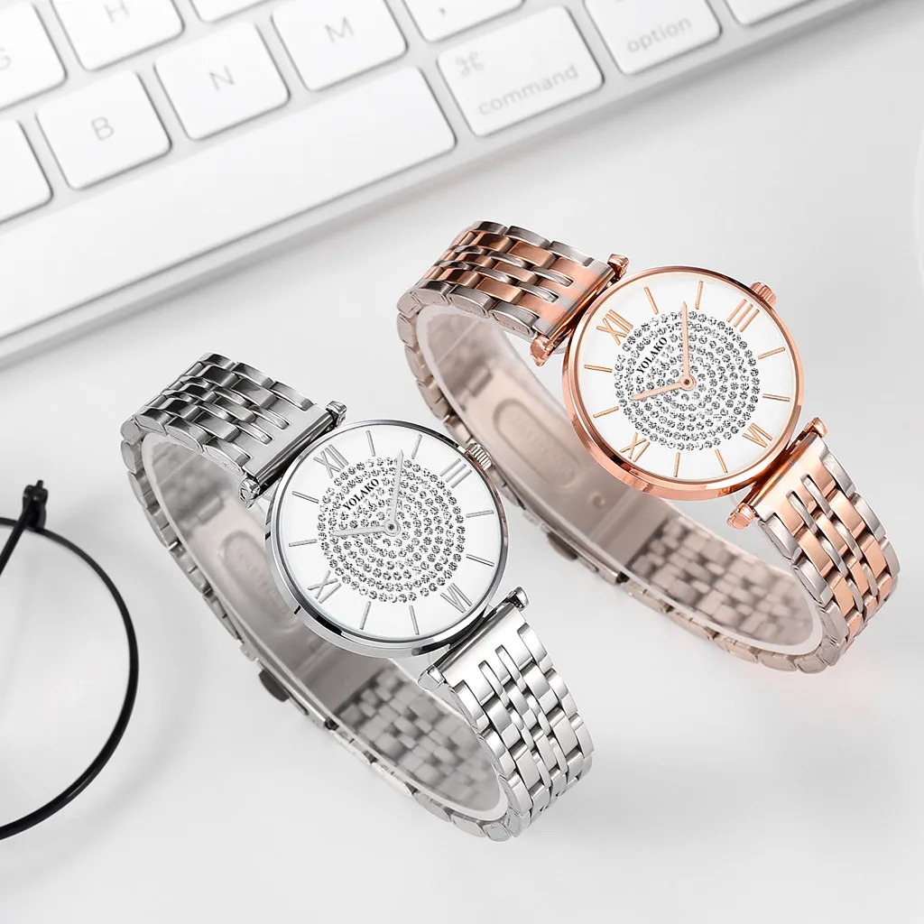 

Womens Watch round dial quartz wrist watch Steel belt watch Casual Quartz Full Diamond Rhinestone Analog Wrist Watches YE1