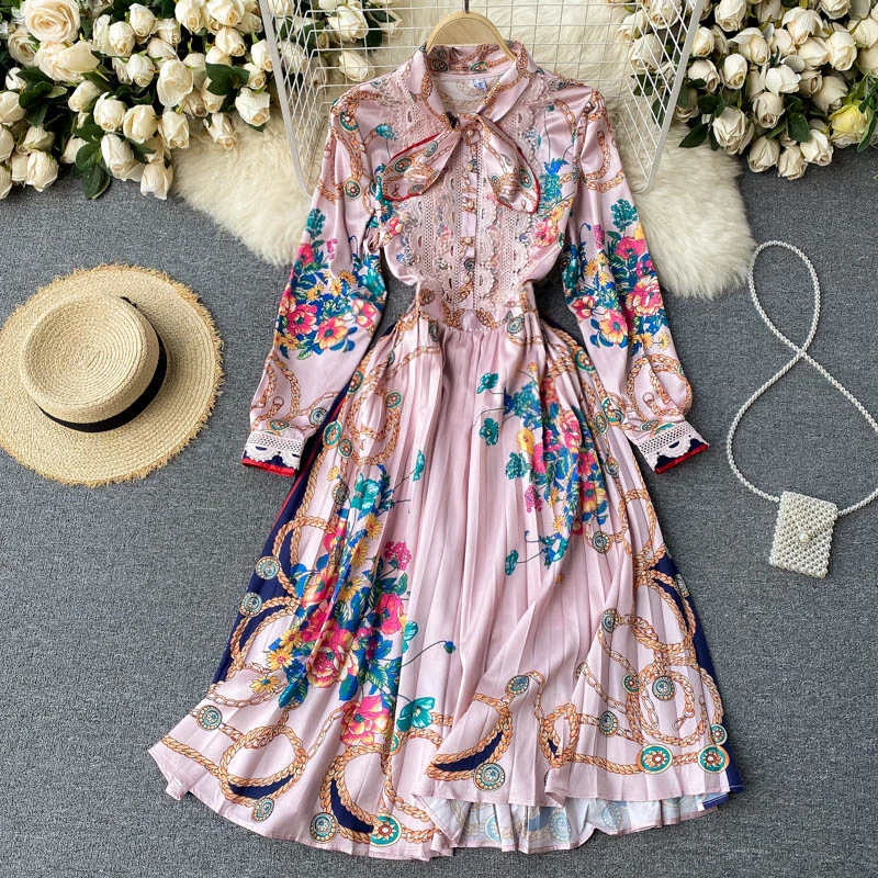 

Women New Fashion Bohemian Retro Court Print Bow Long-sleeved Slim High-waisted Dress Elegant Clothing Vestidos R507