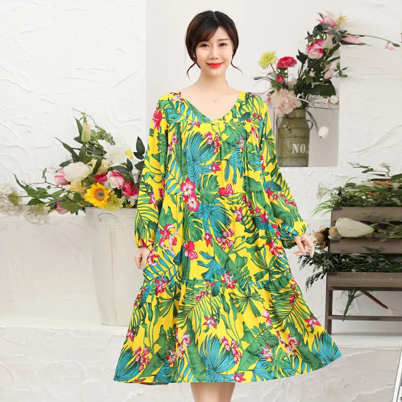 

2021 Oversize Long Sleeve Print Midi Dress Women's Summer Sundress Lantern Sleeve Bohemian Vintage Plus Size Dresses XL-4XL