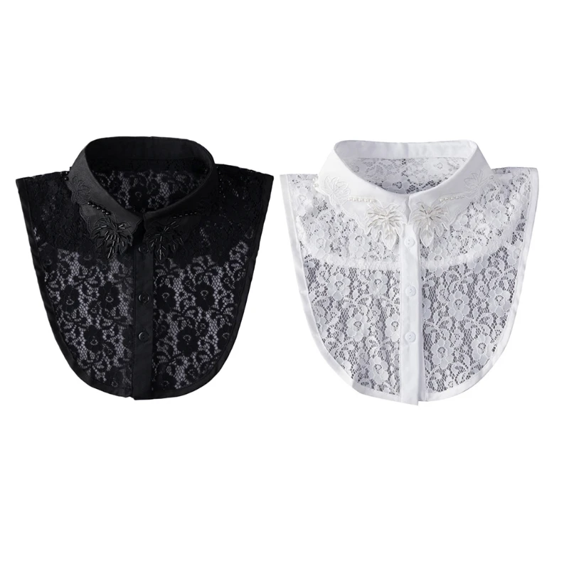 

Women Lace Lapel Half Shirt Embroidery Leaves Pearl False Collar Dickey Blouse