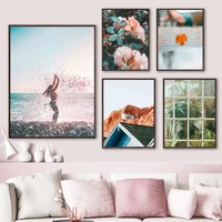 nordic natural landscape maple leaf rose plant canvas painting beach lady wall art posters and prints home decoration bedroom