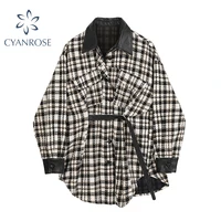 2021 new autumn tweed stitching pu leather plaid jacket for women streetwear lapel single breasted woolen coat with belt female