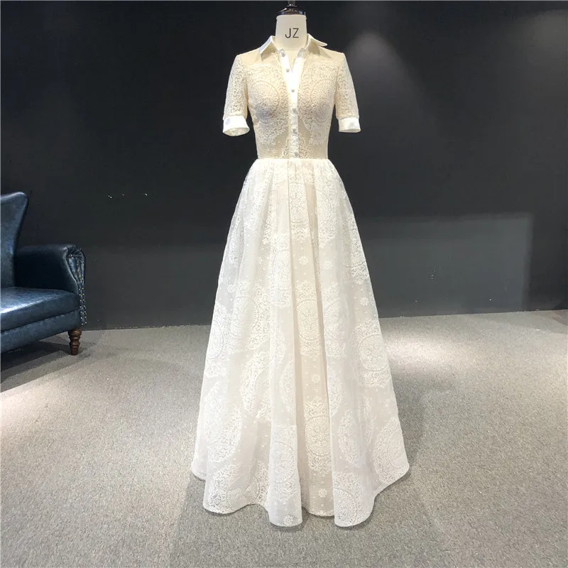 

Newest High Quality 100%Real Sample Ivory Lace High NIeck Short Sleeves A-line Transparent Back Floor Length Wedding Dress