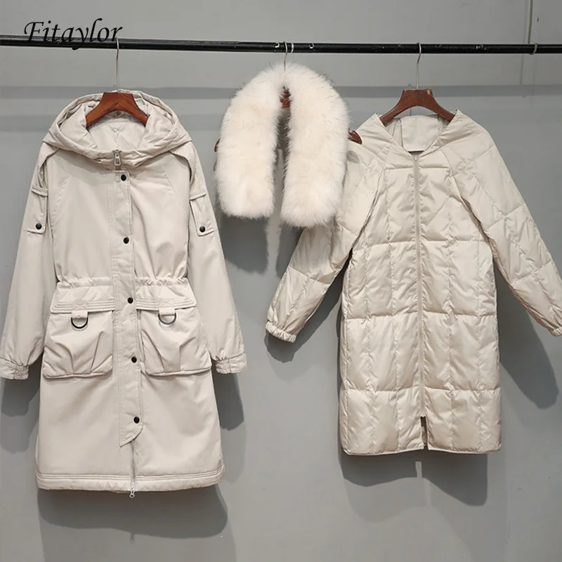 Большой пуховик с воротником из меха енота зимняя куртка 90% белый утиный пух