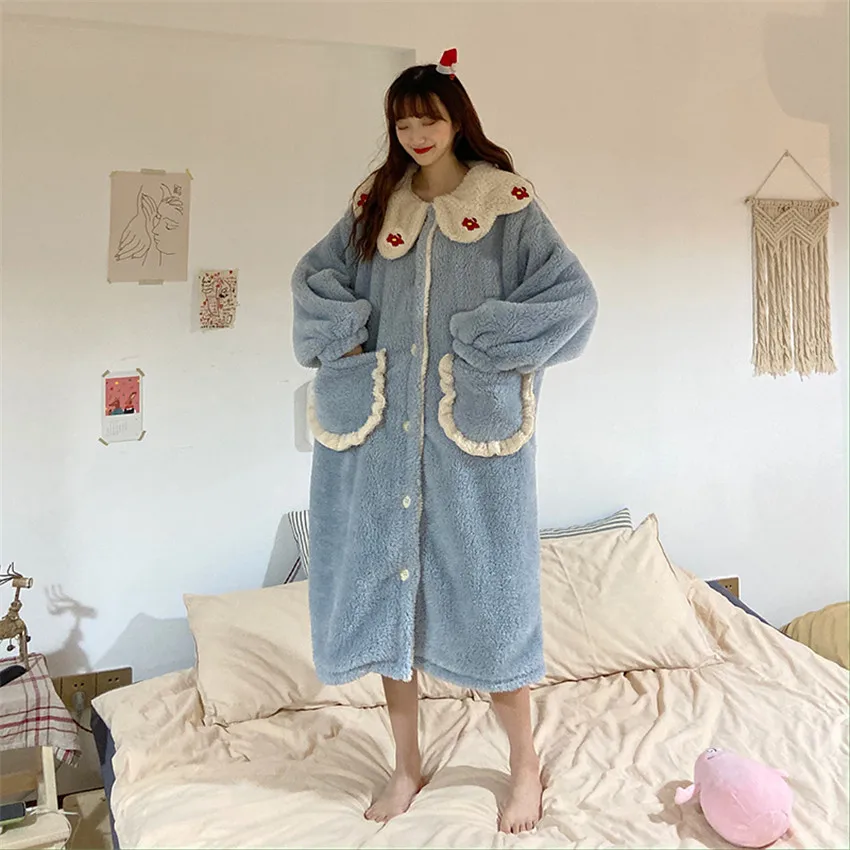 

sweet Pink Flannel Nightgowns Girls Night Dress Sleepwear Cute Princess Coral Fleece Winter Women Long Sleeve Nightgown