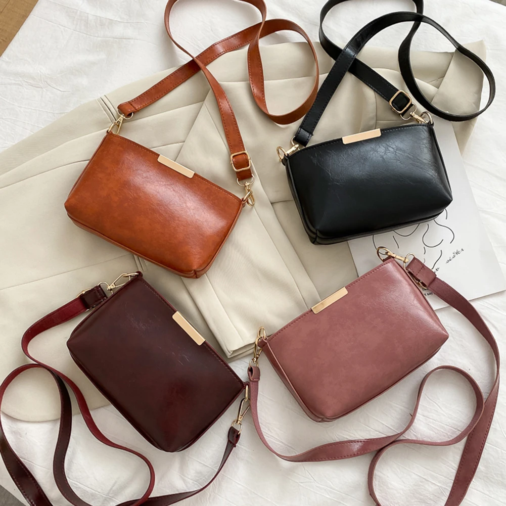 

Simple Women PU Leather Crossbody Bag Female Solid Color Flat Mouth Messenger Pouch Travel Daily Shoulder Handbag Purses