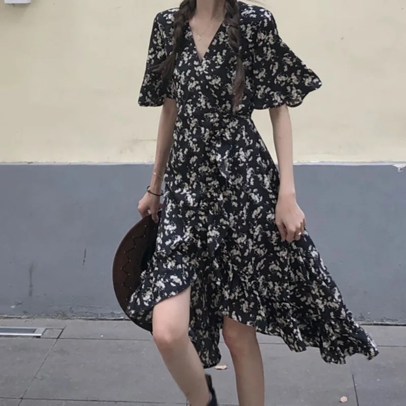 

Fashion Short Sleeve Print Chiffon Dress Elegant Black All-match Asymmetrical Vintage Summer Midi Slim Boho Beach Dress Vestido