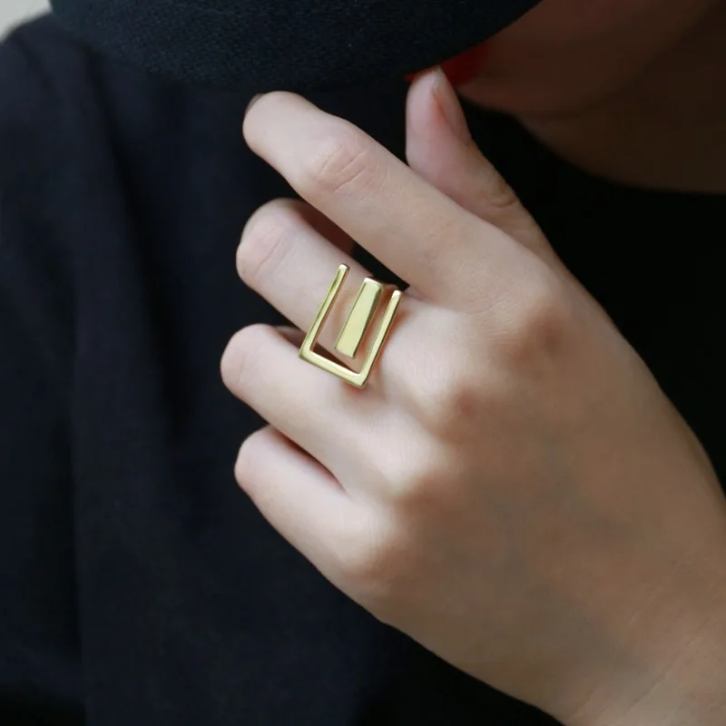

New Stainless steel rings for men women Simple design gold ring Fashion Design Rectangular Hollow Flat Open Ring Jewelry