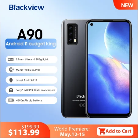 

New Blackview A90 4GB+64GB Android 11 Smartphone Helio P60 Octa Core Mobile Phone 12MP HDR Camera 4280mAh 4G LTE Telephone