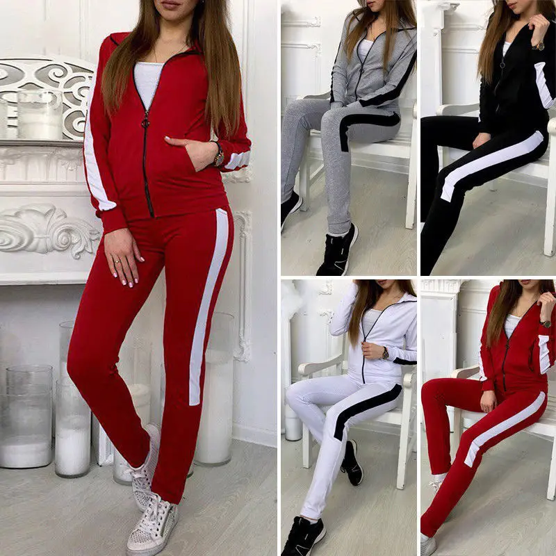 

Drop Shipping Cotton Blends Women Sport Suit 2020 Newest Autumn Casual Zippers Sweatshirt Tops Full Length Two Pieces Sets XL