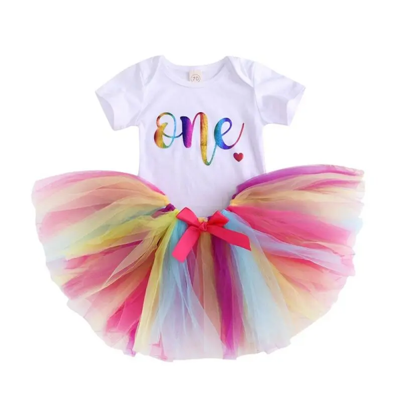 

Tutu Tulle Skirt Dress Set Newborn Baby Girl 1st Birthday Rainbow Romper Tops