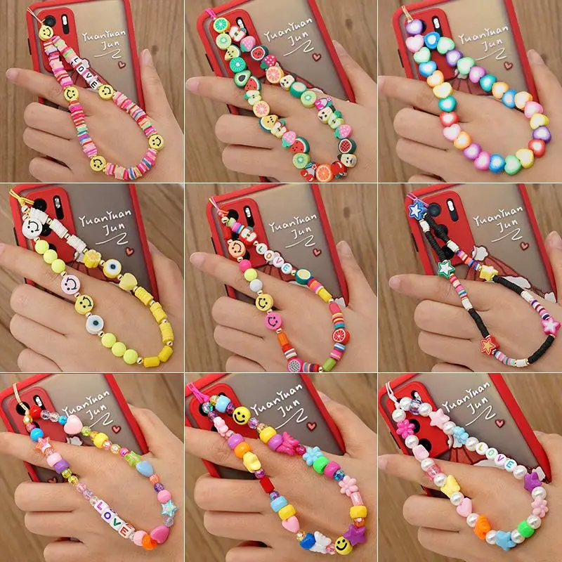 

11Style Boho Fruit Shape Polymer Clay Beads Anti-Lost Mobile Phone Chain Cute LOVE Letter Acrylic Beads Phone Lanyard Female