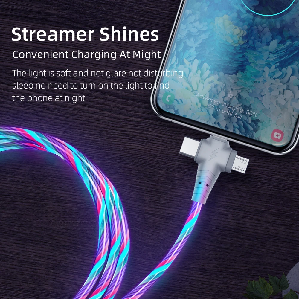 

3in1 Flowing Charger Cable LED Glow Luminous Lighting 40W Fast Charging Micro USB Type C for IPhone Huawei sumsang Wire Cord