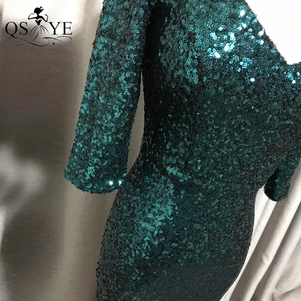 

QSYYE Sequin Green Fading Evening Dress Silver Bottom Mermaid Prom Gown Elegant Party Dress 1/2 Sleeves Glitter Formal Dress