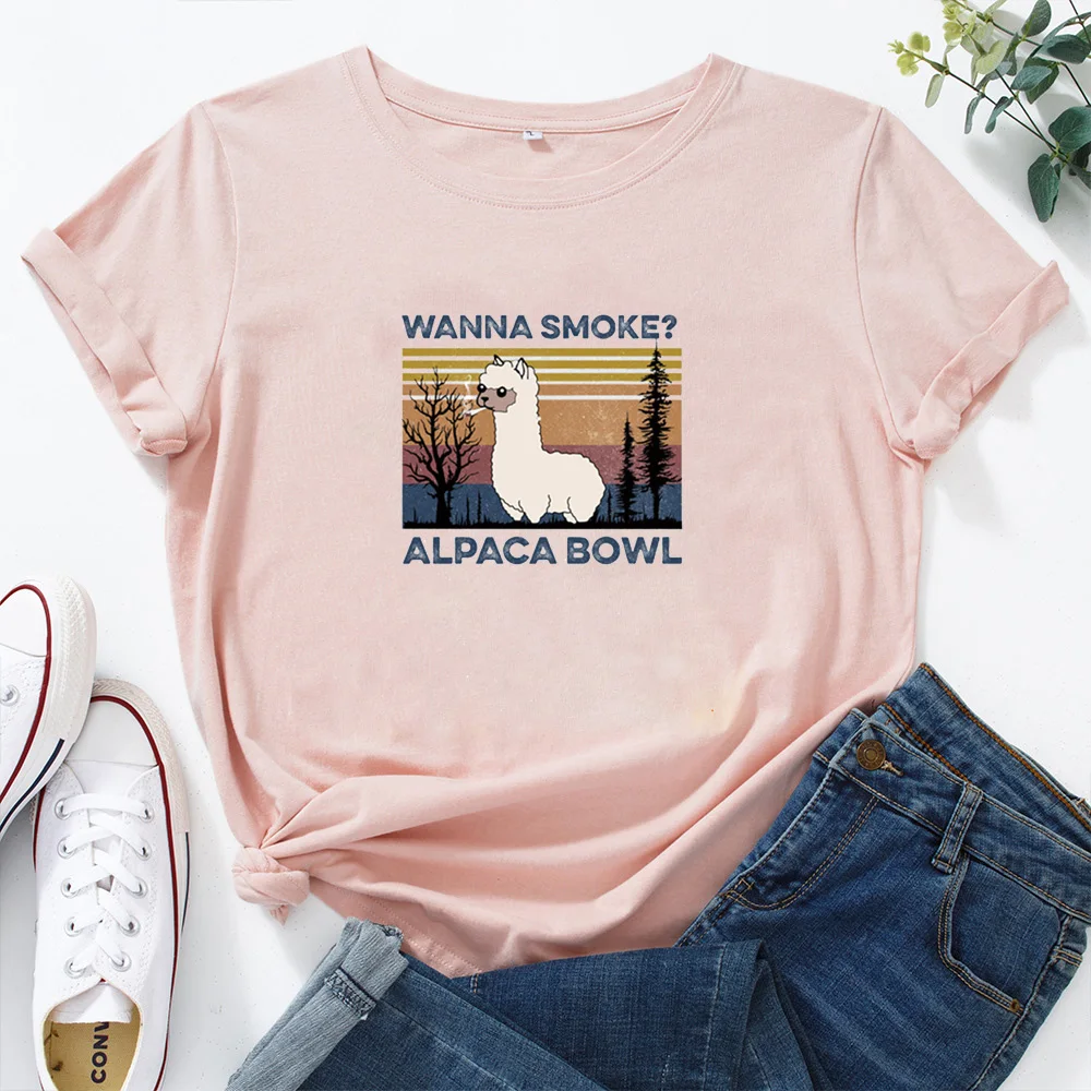 Alpaca Bowl Shirt Funny Graphic T Shirt Women Cotton Harajuku Tshirt Women Shrot Sleeve Loose Camiseta Mujer Tee Shirt Femme