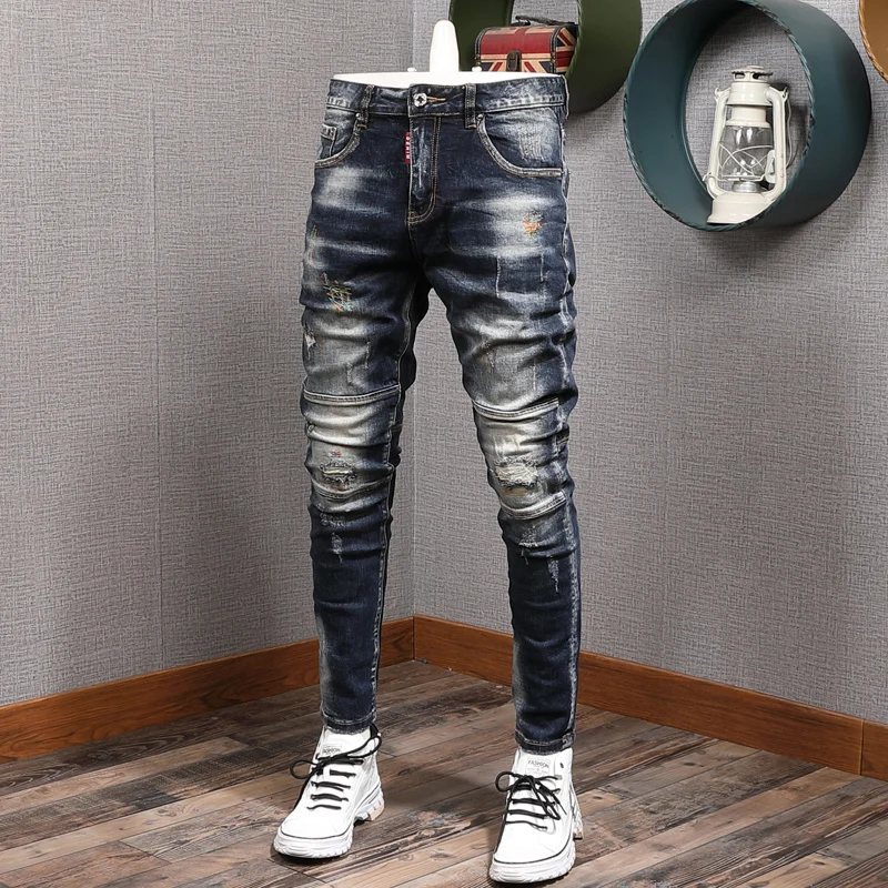 

Fashion Streetwear Men Jeans Slim Fit Elastic Destroyed Ripped Denim Trousers Painted Spliced Designer Hip Hop Punk Biker Pants