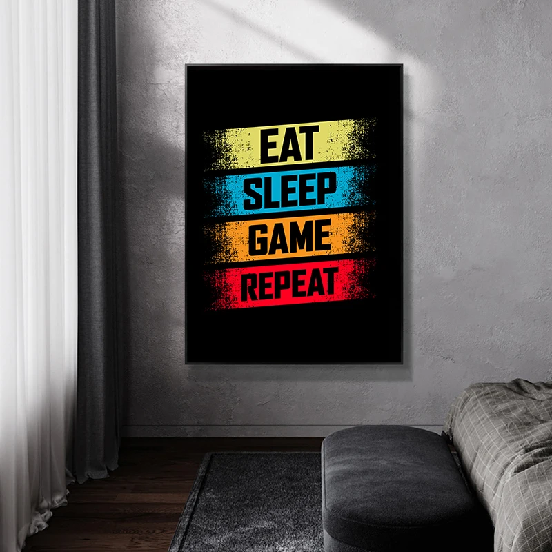 

Video Game Wall Art Eat Sleep Game Repeat Letter Poster Canvas Painting Prints for Bedroom Playroom Decoration Cuadros
