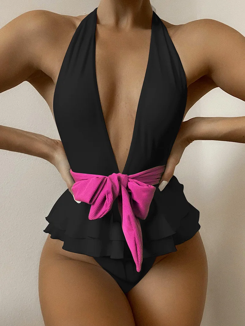 Sexy Halter Ruffled Deep V Monokini One Piece Swimsuit Women Backless Swimwear Female Bather With Bandage Bathing Suit Swim