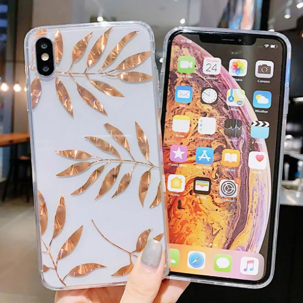 Блестящий Прозрачный чехол с золотыми листьями для iPhone 11 Pro X XS Max XR 8 7 Plus