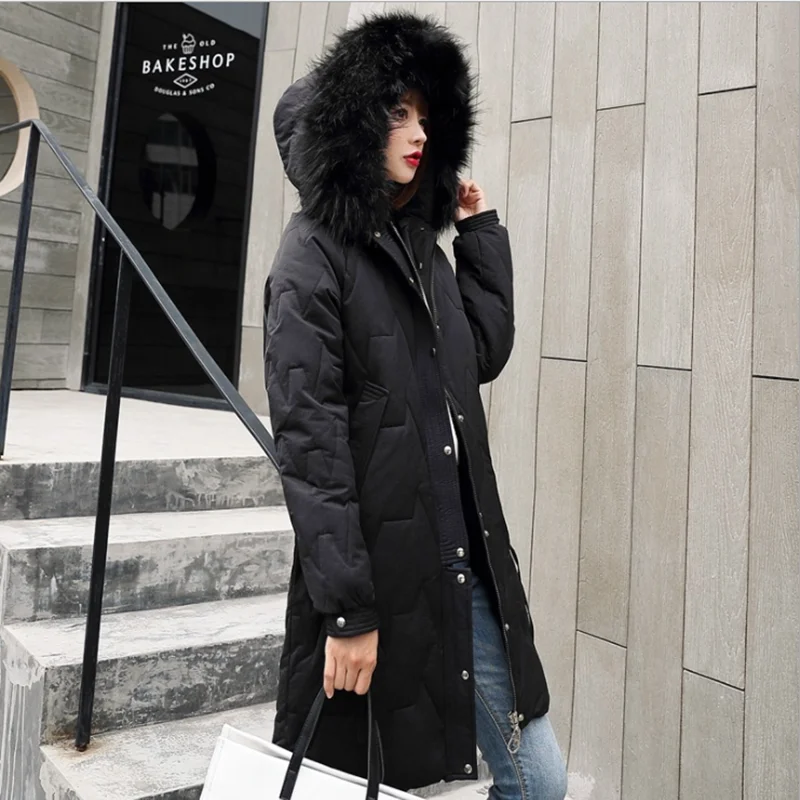 

winter female new style parkas mujer black loose big collar medium hooded down jacket yellow lady thick pink warm women's coats