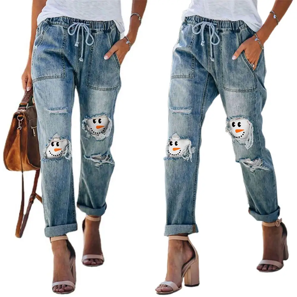 

Summer Snowman Printed Jeans Loose Casual Ladies Mid-Rise Denim Trousers
