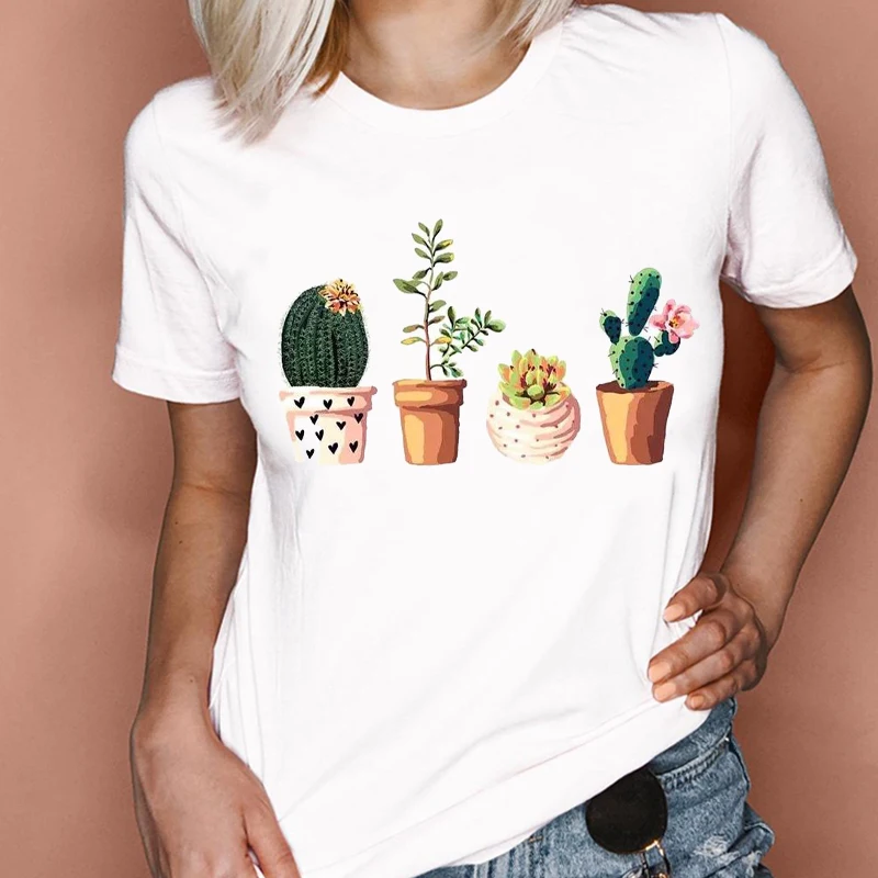 

Women Graphic Short Sleeve Plant Cactus Beach Fashion Style 90s Cartoon Summer Print Female Clothes Tops Tees Tshirt T-shirt