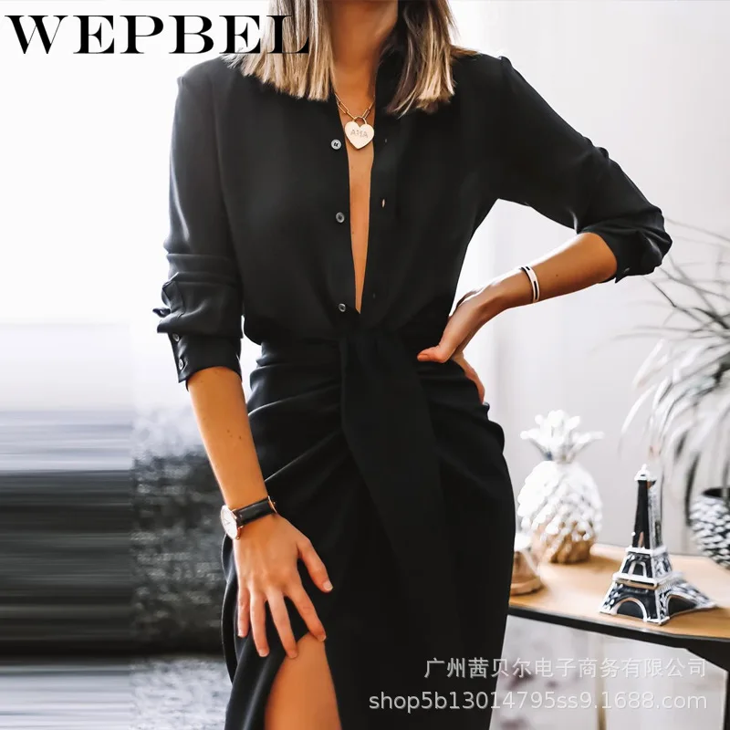 

WEPBEL Women Eleant Black Shirt Skirt Two Piece Set Casual Long Sleeve Single Breasted Shirt Top + High Waist Bow Split Skirt