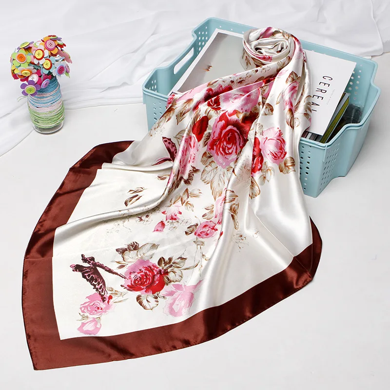 

Квадратные шарфы, женский шелковый шарф с солнцезащитным принтом, Женский атласный длинный шаль двойного назначения, пляжное полотенце, ша...