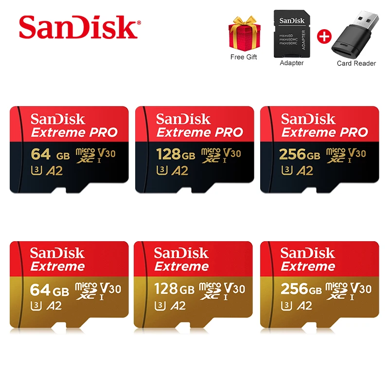 

100% Original SanDisk 64GB 128GB Extreme microSDXC UHS-I CARD U3/V30 Memory card 256GB A2 Micro sd card Class10 TF/SD card