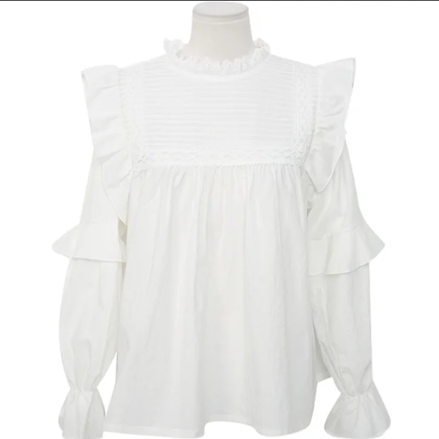

2020 Women's Long Sleeve Blouse Autumn Korean Style Chic Lace Petal Sleeves Blouse Shirt Fairy Doll Blusas Cotton Tops