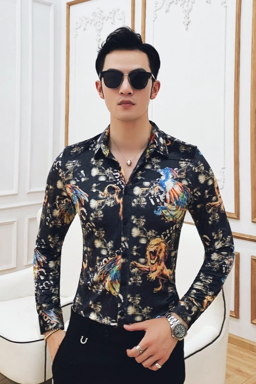 Мужская рубашка с цветочным принтом деловая бархатная в стиле ретро пуговицами